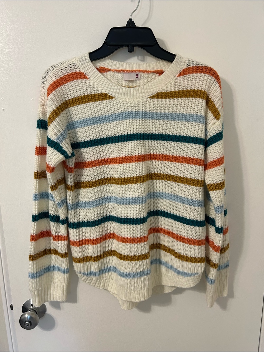 SO Cream Striped Crewneck Sweater with Teal, Rust, Mustard, Light Blue